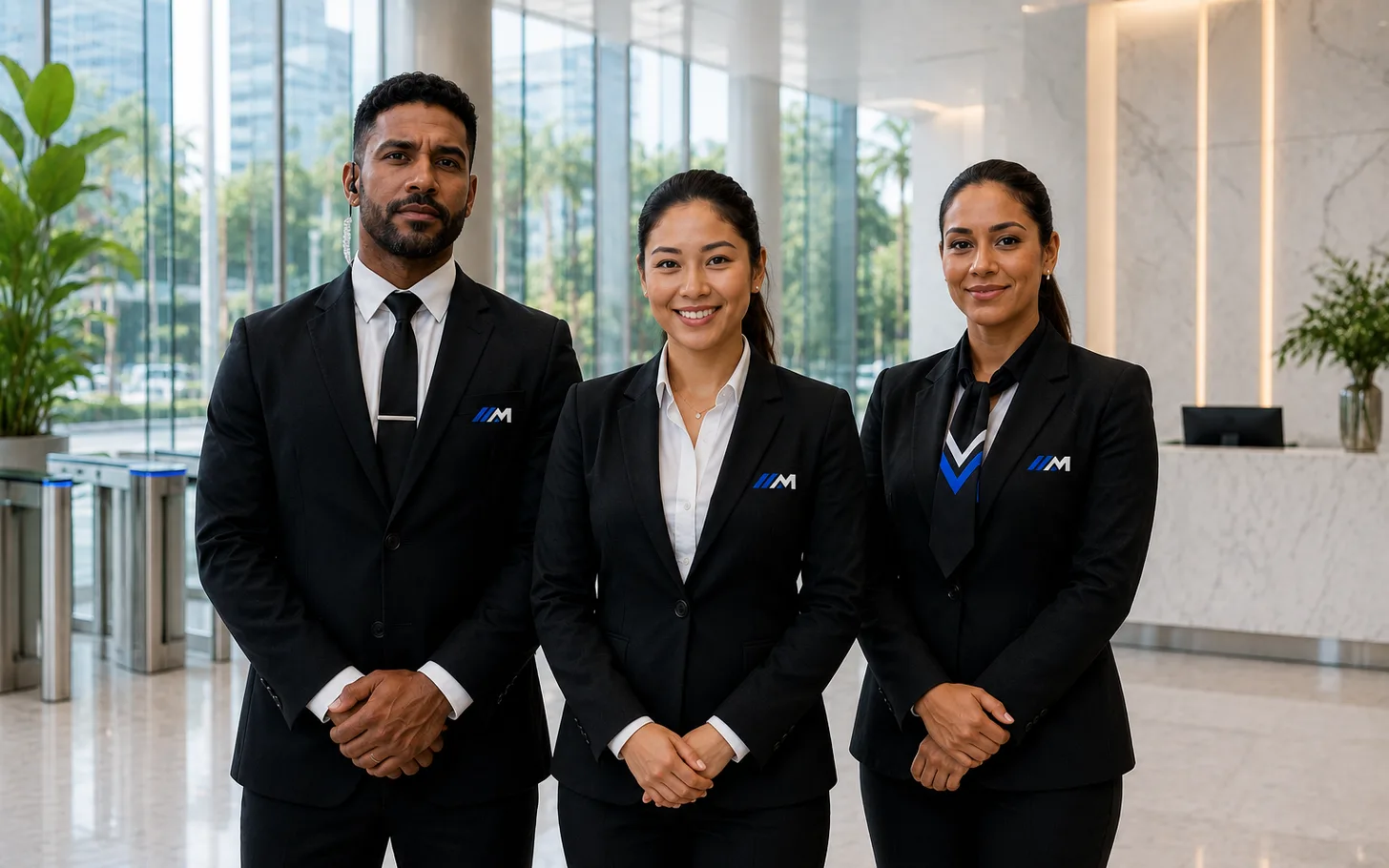 Equipe uniformizada da M. Cavalcante em recepção moderna e iluminada